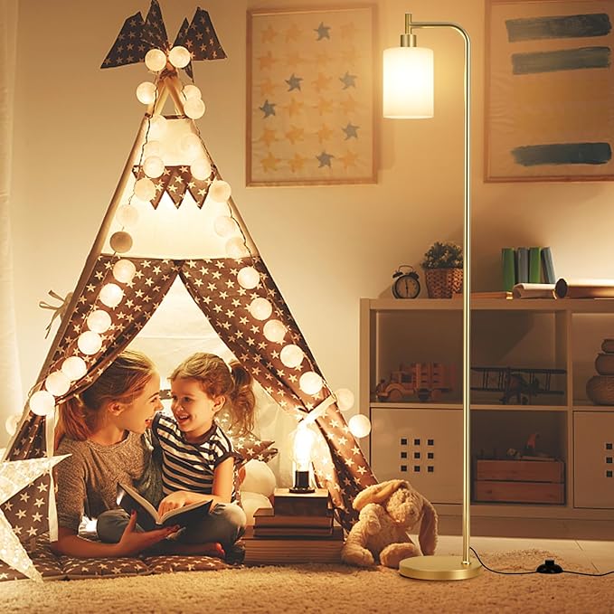 Ziisee Floor Lamps for Living Room - Industrial Standing Lamp with Frosted White Glass Shade, Modern Gold Floor Lamp with LED Bulbs, Farmhouse Floor Lamp for Bedroom, Tall Lamp for Office - Gold