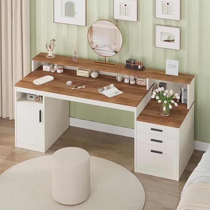65 Inch Computer Desk with 3 Drawers & Storage Shelves, Executive Desk with File Drawer & Cabinet, Home Office Desk with Long Monitor Stand & Printer Shelf, Antique White