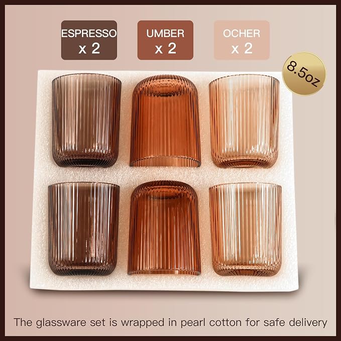 Melanin Ribbed Drinking Glasses Set of 6,8.5oz Colored Vintage Highball Tumblers,Amber Glassware for Juice,Milk,Coffee & Cocktails,Gift for Party,Housewarming,Mother's Day