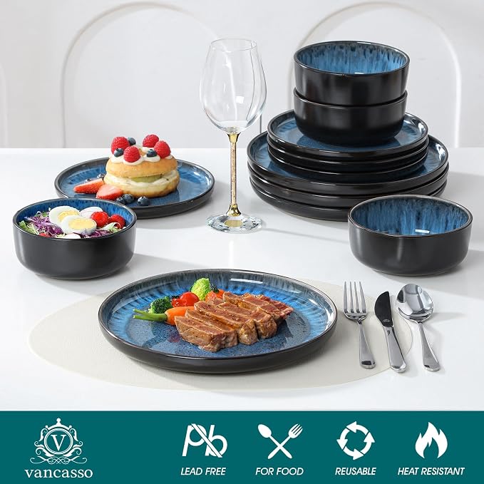 vancasso PLAYA Plates and Bowls Sets, 12 Pieces Blue Dinnerware Sets for Kitchen, Reactive Glaze Dishes Set for 4, Dishwasher and Microwave Safe