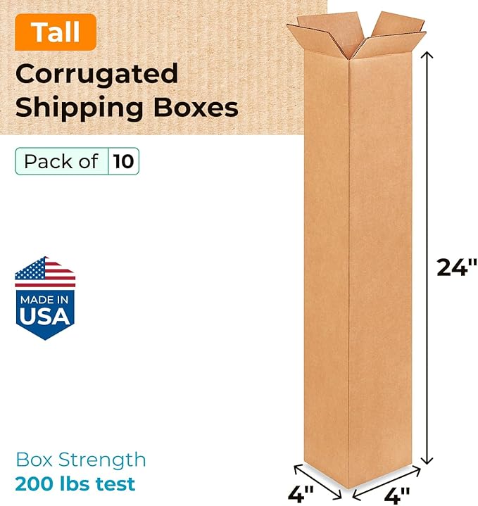 Tall Moving & Shipping Boxes 4x4x24 inches (10-Pack) - Extra Strength 200 lb vs Regular - Corrugated Strong Boxes for Packaging Moving - Cardboard Box, Made in USA - Packing Box by IDL Packaging