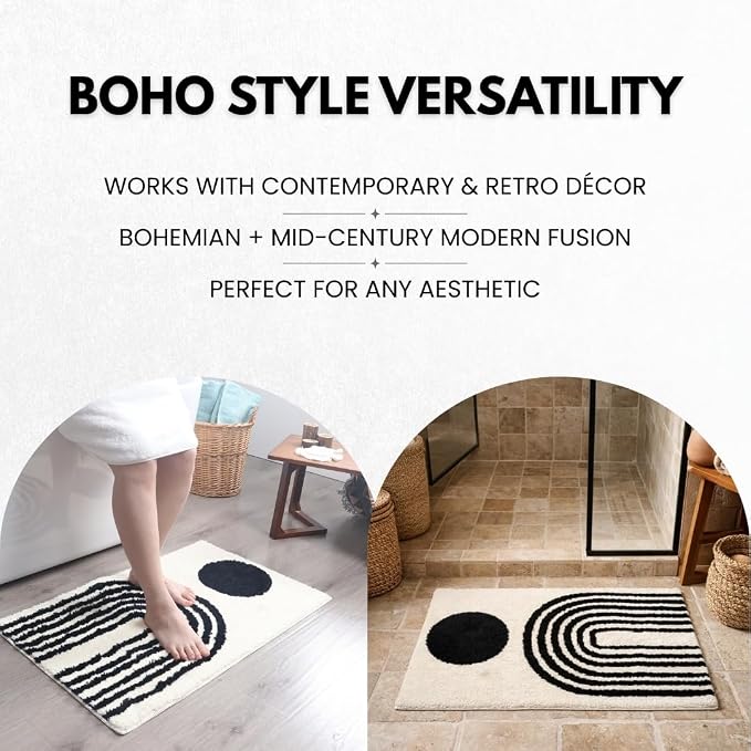 LABEND HOME Boho Bathroom Rug 20”x31.5” - Black and Ivory Abstract Rainbow Arches Bath Mat - Mid Century Modern Geometric Art - Non-Slip Machine Washable - Bohemian Decor Dorm Room Rug
