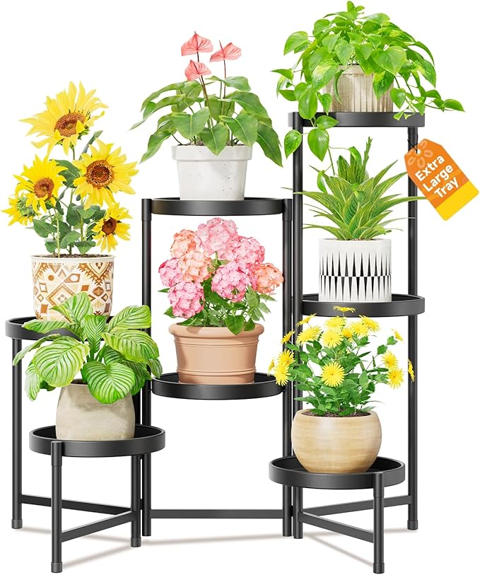 LASZOLA 7 Tier Large Plant Stand Indoor Tall with 10 Inch Metal Tray, Corner Folding Flower Display Rack, Modern Plant Holder Shelf for Outdoor Patio Porch Garden Office Living Room, Black