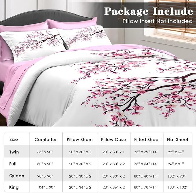 Comforter Set Full Size, Japanese Cherry Blossom 7 Pcs Bedding for Kids and Adults, Flower Painting Pink Bed Sheet Sets with Fitted Sheet 2 Pillowcase & 2 Sham for Bedroom Bed Decor