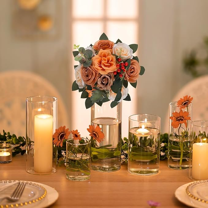 BLOSMON Terracotta Flowers for Wedding Centerpieces: 10 Pcs Artificial Rose Flower Balls Table Decorations - Fall Fake Silk Kissing Floral Arrangements for Home Party Event DIY Decor
