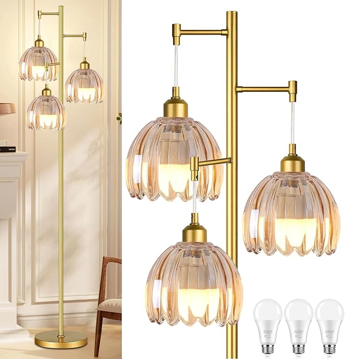 QIYIZM Gold Floor Lamp for Living Room,Bedroom,Tree 3 Light Standing Lamp Mid Century Modern Brass Tall Floor Lamps Vintage Retro Floor Lights Glass Flower Amber Lamp Shade Farmhouse Boho Bohemian