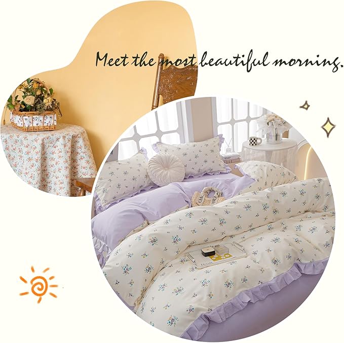 Purple Lace Duvet Cover Queen Soft 100% Cotton Purple Flower Duvet Cover Girls Floral Comforter Cover Garden Style Princess Bedding Set Cottagecore Flower Ruffle Comforter Cover with Zipper Closure