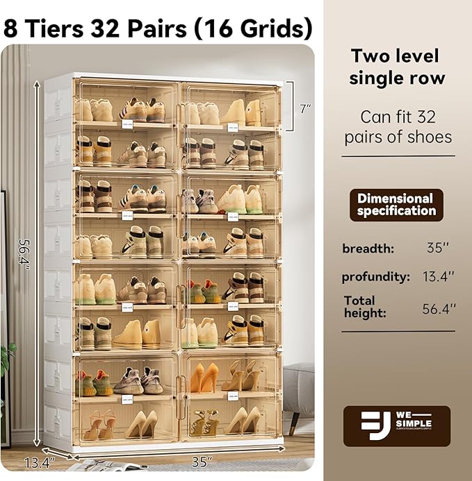 wesimple 32 Pairs Shoes Storage Cabinet of 3-Step Fast Installation,Plastic Shoe Rack with Clear Magnetic Door for Display, Shoe Organizer for Sneaker, Sandals, Heels (2 Row, 8 Tier)