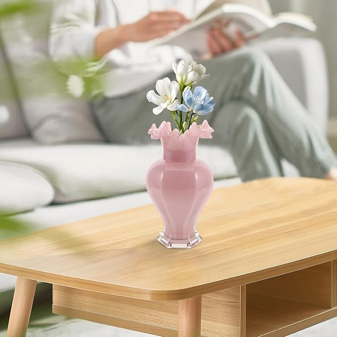 Pearlescent Handblown Glass Vase Wide Mouth Wavy Pattern Artistic Flower Pot Tabletop Glass Bud Vase for Home Dining Living Office Entryway Kitchen Pink Centerpiece Decor