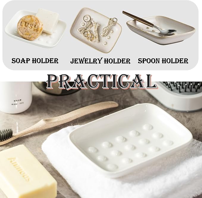 Miamolo Soap Dish, Ceramic Soap Holder Shower Soap Dish for Bar Soap Sponge, Soap Saver Tray for Bathroom Kitchen Sink, White