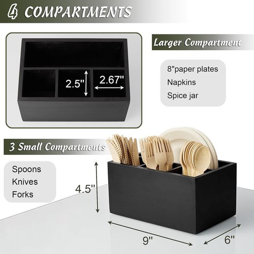 DRASTAR Silverware Caddy - Wooden Utensil Holder for Picnics & Parties | Black Plastic Design