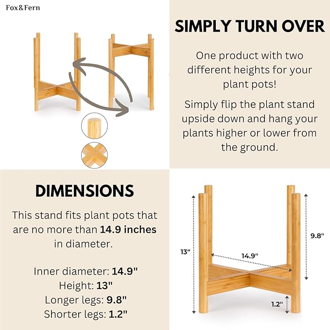 Fox & Fern Bamboo Plant Stand — 14.9 Inch Fixed Size Wooden Mid Century Planter Stand for Indoor Plants (Not Included) - Extra Large Flower Pot Holder for Indoor Big Pots - Plug In Design - Bamboo