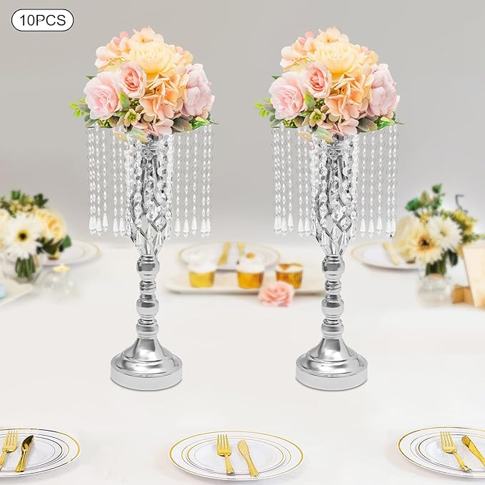 Vase | Bud Vases |10PCS Gold Crystal Flower Stands | Elegant Centerpiece for Weddings & Events | for Wedding Table Centerpieces, Aisle Guides, Party Decorations (Silver)