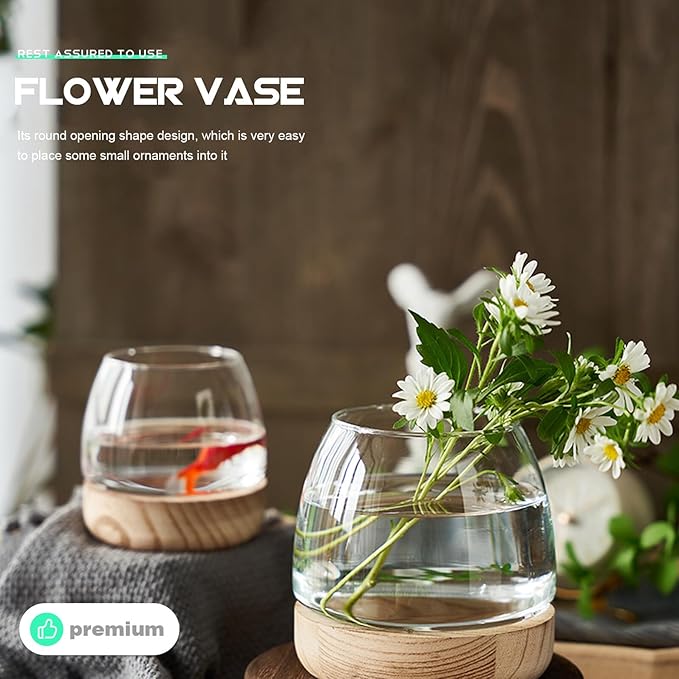 FAVOMOTO Hydroponic Flower Vase with Wooden Base Transparent Glass Micro Landscape Bottle for Desktop Decoration Premium Glass and Wood Material for Home Office Study Plant Display