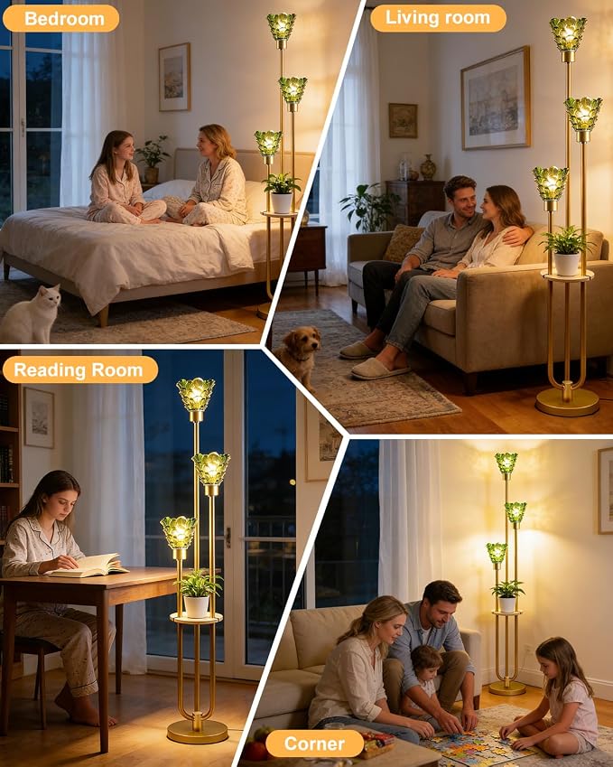 3-Light Modern Glass Floor Lamp with Shelf, Gold Tall Standing Lamp with Green Flower Glass Shade, LED Floor Lamp with Foot Switch& 5Lbs Heavy Base for Living Room Bedroom, Bulb Included