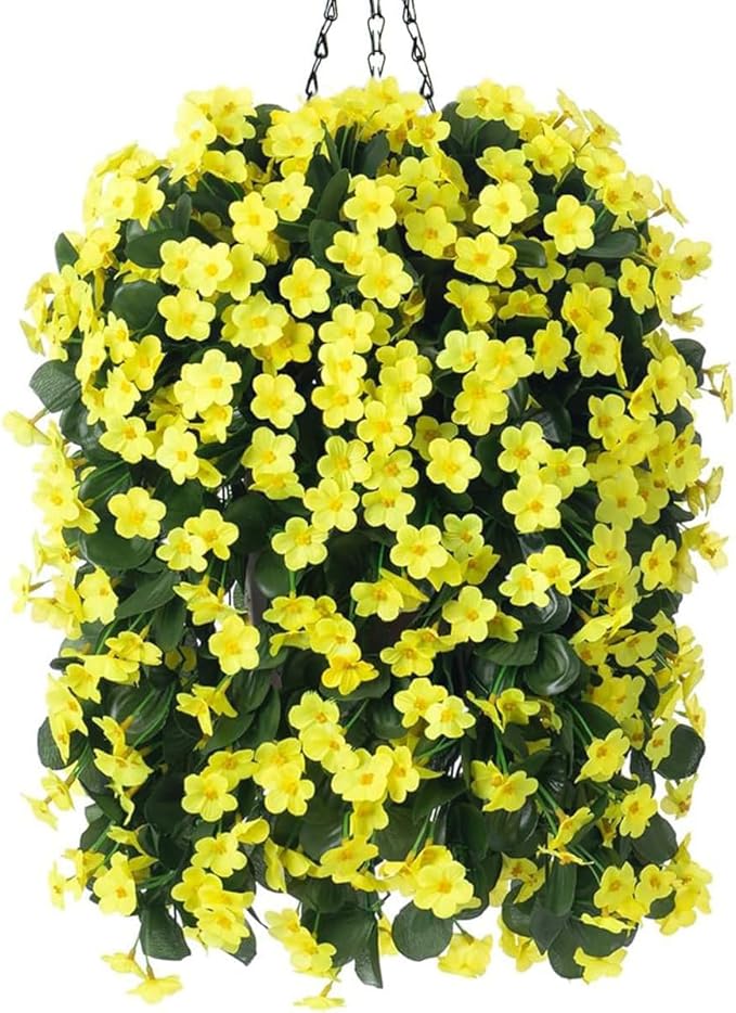 HyeFlora Artificial Fake Hanging Outdoor Flowers Plants Basket, Faux Silk Yellow Daisy Flowers UV Resistant Realistic Hanging Planter Orchid Vines for Outside Porch Patio Home Garden Yard Decoration