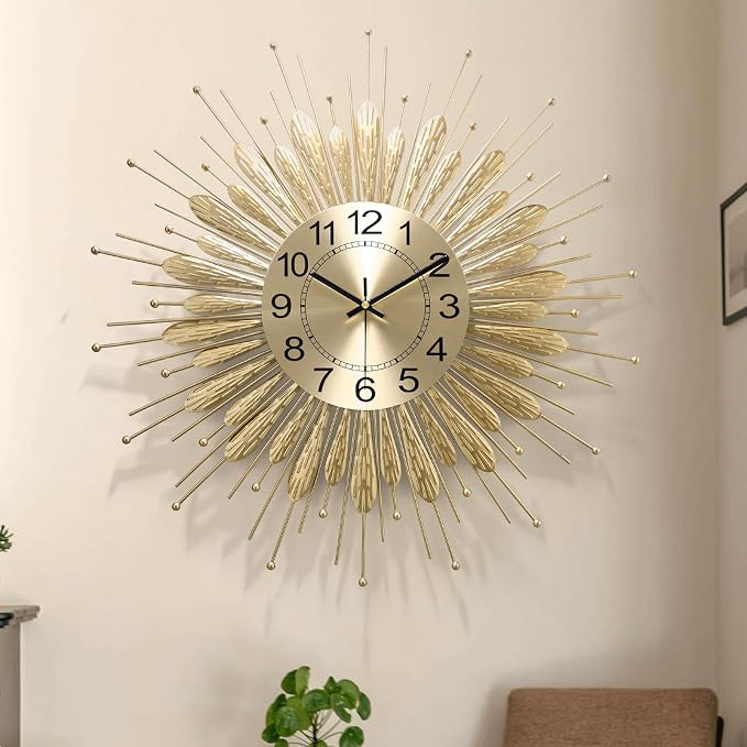 Large Wall Clock,27inch Gold Wall Clock Non-Ticking Mid Century Wall Clocks for Living Room Decor,Battery Operated Wall Clock for Bedroom&Living Room