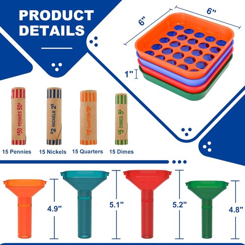 ESSENTIAL Coin Sorter Trays & Counter Tubes - 60 Assorted Preformed Coin Wrapper Rolls Included