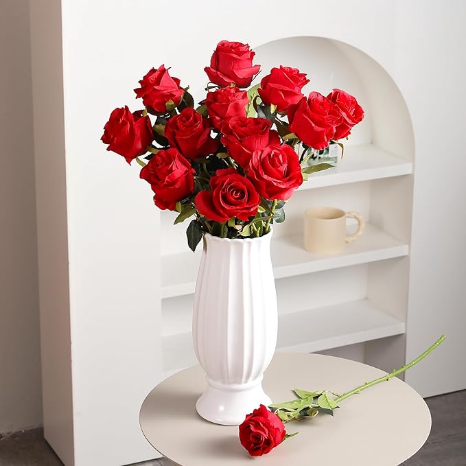 Kisflower 8 Pcs Red Roses Artificial Flowers with Stems Silk Roses Fake Rose Realistic Flower Bouquet for Wedding Party Office Home Decor (Red)