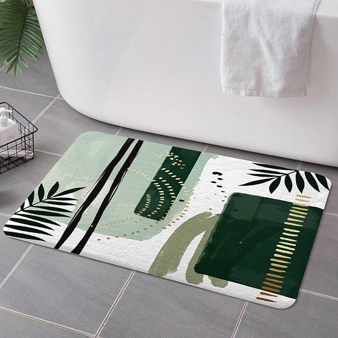 Green Mid Century Bath Rugs for Bathroom, Modern Boho Geometric Abstract Emerald Green Minimalist Striped Non Slip Flannel Bathroom Rug, Dry Fast Water Absorbent Bath Mats, 17x29 Inch