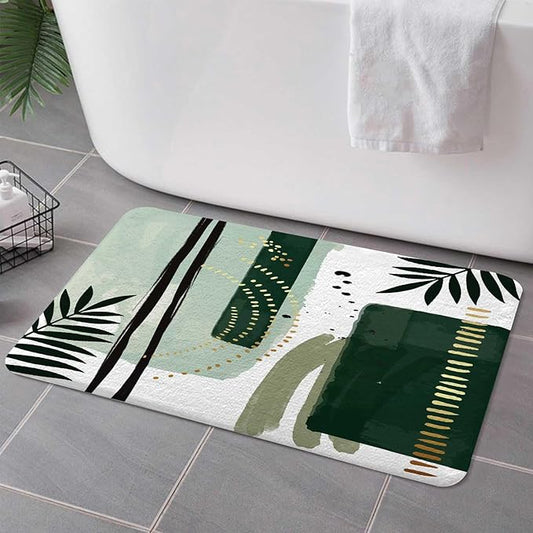 Green Mid Century Bath Rugs for Bathroom, Modern Boho Geometric Abstract Emerald Green Minimalist Striped Non Slip Flannel Bathroom Rug, Dry Fast Water Absorbent Bath Mats, 17x29 Inch