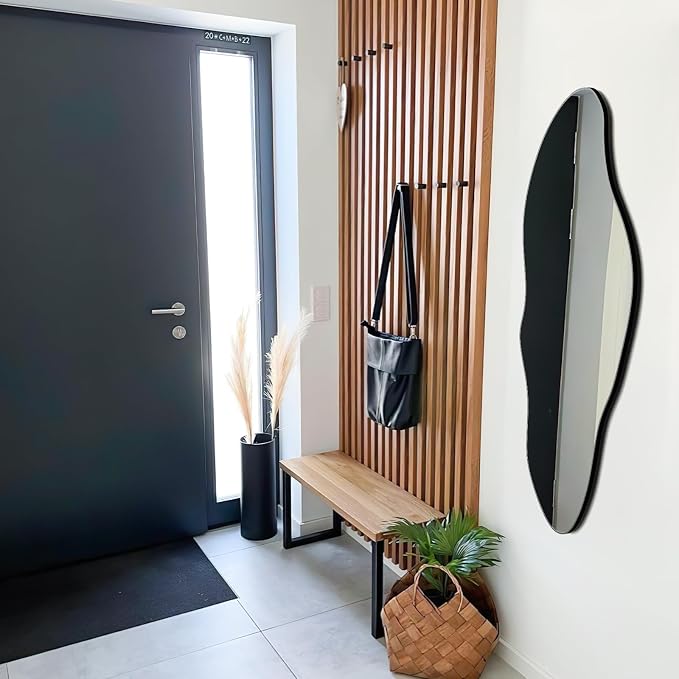 Black Irregular Full Length Mirror,20"x47" Farmhouse Wooden Asymmetrical Full Body Wall Mirror for Bathroom, Living Room, Bedroom, Entryway Hanging Horizontal/Vertical