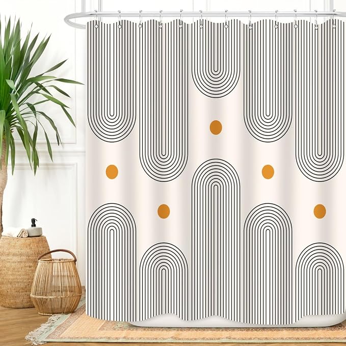 Mid Century Shower Curtain Boho Minimalist Abstract Arch Sun Simple Lines Geometric Modern Beige Bathroom Decor Waterproof Fabric 72Lx60W Inch with 12pcs Plastic Hooks