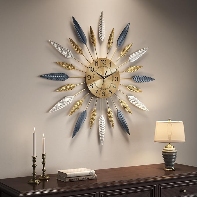 Cuspin 30 Inch Large Wall Clock, Mid Century Modern Silent Non Ticking Battery Operated Sunburst Wall Clock, Decorative Metal Gold Clocks for Living Room, Dining Room, Bedroom, Office
