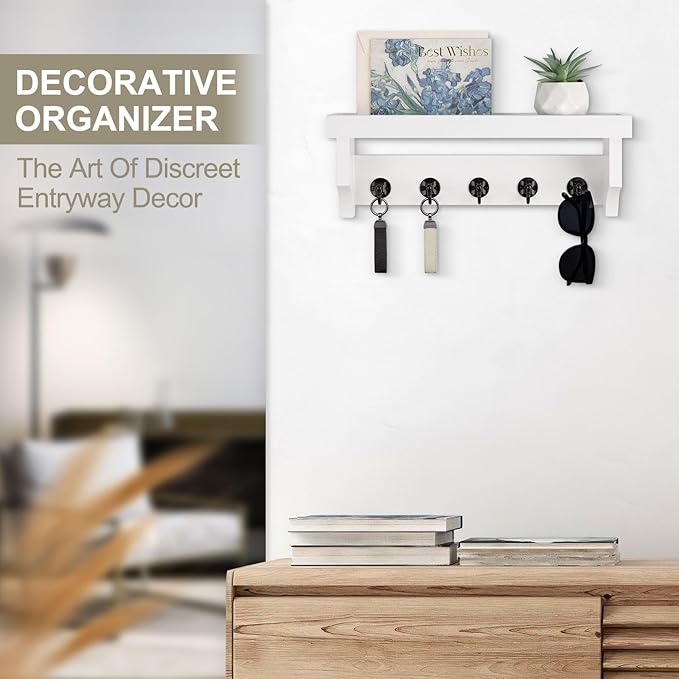 Lucundm Key and Mail Holder Wall Mount, Key Holder with Shelf and Mail Organizer Wall Mount. Mail Holder with 5 Hooks for Coat, Dog Leash, Home Decor Rack, Entry Way Organizer (White)