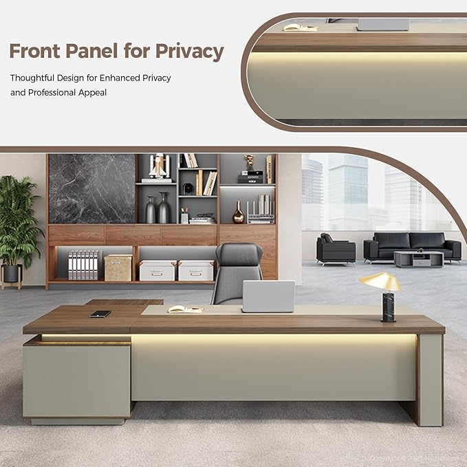 L-Shaped Executive Desk with LED Lights, Lockable Storage & 3-in-1 Charging Station, Reversible Cabinet, Modern Wood Office Desk for CEO, Manager & Home Office(Black Walnut+Khaki, 95"L*71"W*30"H)