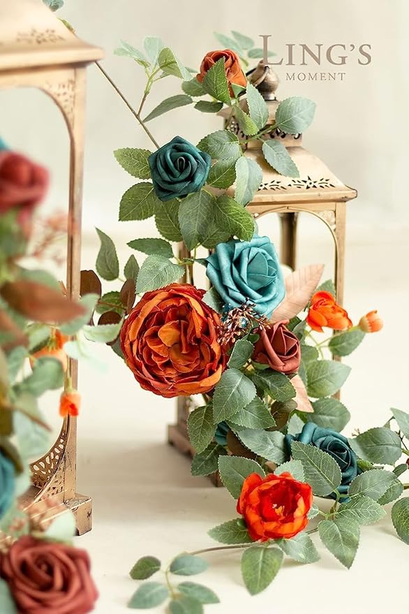 Ling's moment Artificial Wedding Flowers 1.5" Rose Buds and 2" Petite Roses 25pcs Dark Teal w/Stem for DIY Wedding Boutonniere Wrist Corsages Bouquets Centerpieces Arrangements