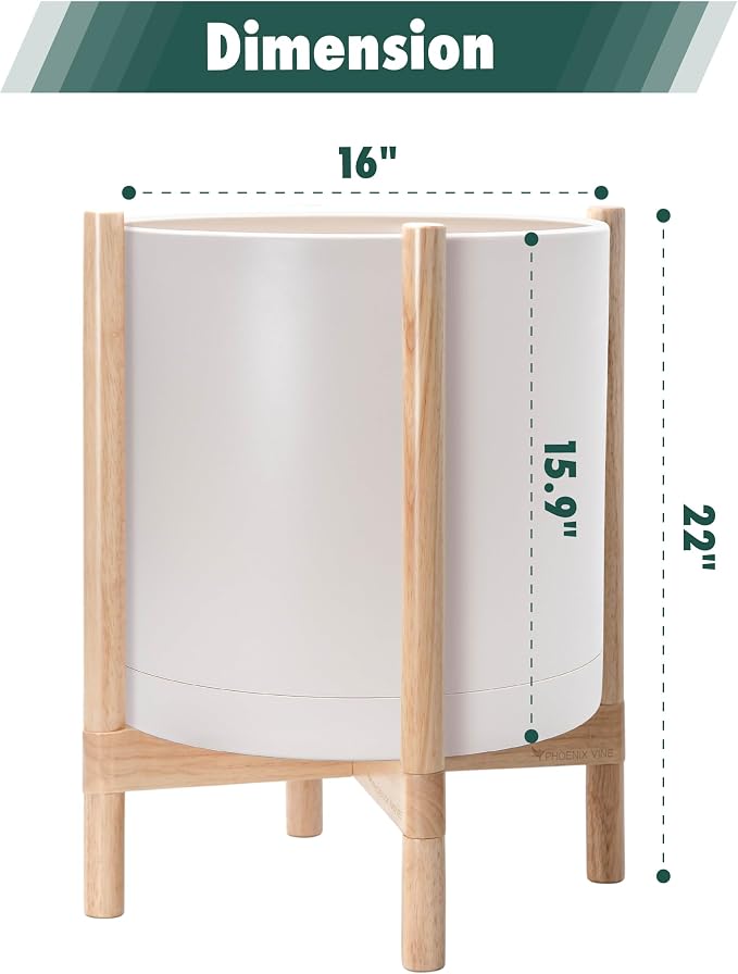 D'vine Dev Planter Pot with Stand - 16 Inch Plastic Cylinder Flower Pot with Wood Planter Holder for Indoor, Oatmeal Pot + Natural Stand, 55-C-Y-4