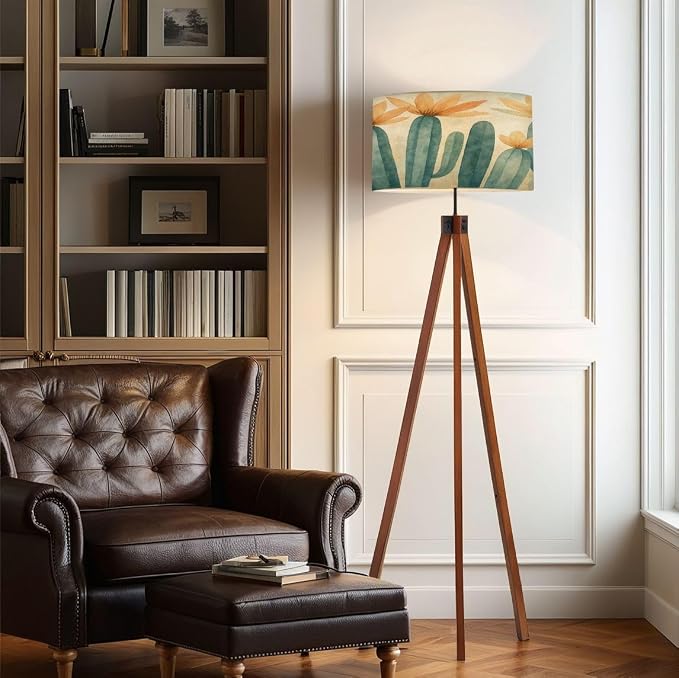 Wood Tripod Floor Lamp Green Succulents Floral Boho Plants Orange Flowers Foliage Botanical Mid Century Standing Lamp Linen Shade Dimmable Modern Tall lamp Home Decor for Living Room Bedroom Office