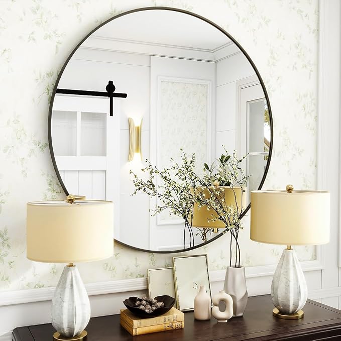 VooBang Black Round Bathroom Mirror, 24 inch Circle Wall Mounted Hanging Mirror with Simple Modern Circular Metal Frame for Hallway, Entryway, Living Room, Black Frame
