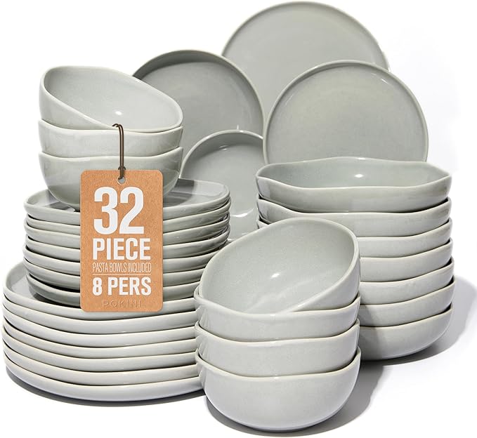 Pokini 32 Piece Dinnerware Set for 8 with Pasta Bowls, Gray Green Reactive Glaze Stoneware | All‑in‑One Host Set for Entertaining, Holiday Meals, Multi‑Course Dish Set | Unique Irregular Look