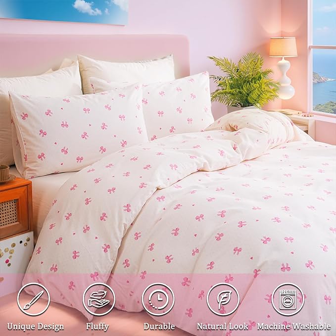 Pink Bow Duvet Cover Set King 100% Nature Cotton Duvet Cover 3 Pcs Girls Cute Comforter Cover with Zipper Closure Ultra Soft Breathable Bedding Set for All Seasons