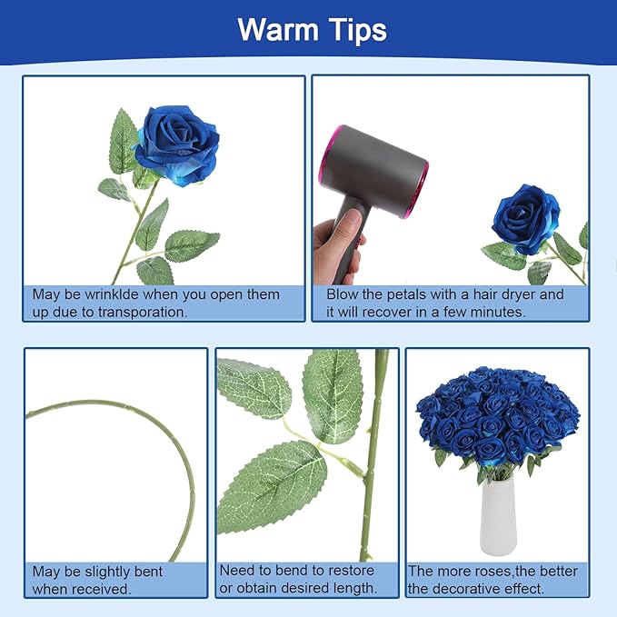 50Pcs Blue Roses Artificial Flowers Fake Roses Faux Velvet Silk Flower for Home Wedding Decoration (Pearl Rose, Blue)