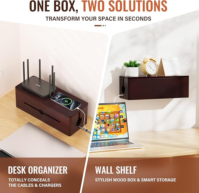 Cinati Large Cable Management Box, 15.8" Wooden Cable Organizer for Floor Wires Storage, Wall Mount Cord Hider Box for Electrical Cord Management, Power Strip Wire Organization for Desktop Home Office