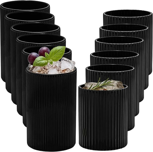 14 oz & 18 oz Ribbed Drinking Glasses Set of 12, Vintage Iced Coffee Cups Elegant Glassware, Highball Glass Cups Ridged Glass Tumbler for Cocktail, Whiskey, Beer, Water, Juice, Origami Style Black