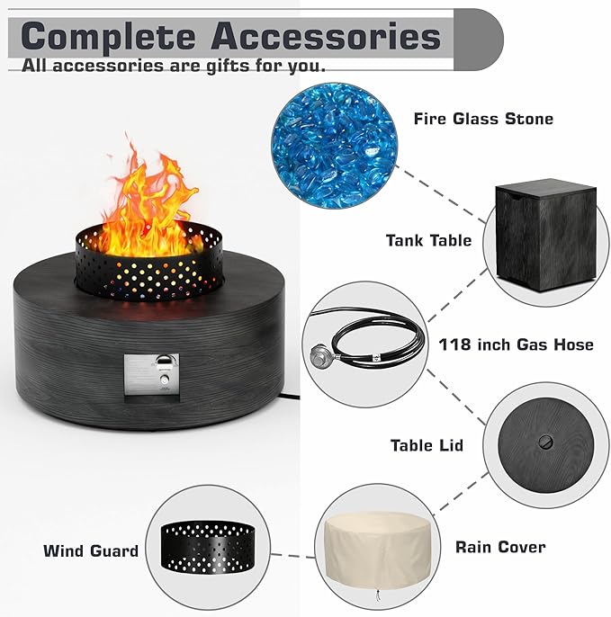 2-Piece 30" Round Propane Fire Pit for Outside Patio with Hidden Tank Table, 50,000 BTU Fireplaces with Wind Guard, Lid, Glass Rocks, Cover(Wood Grain Ebony)