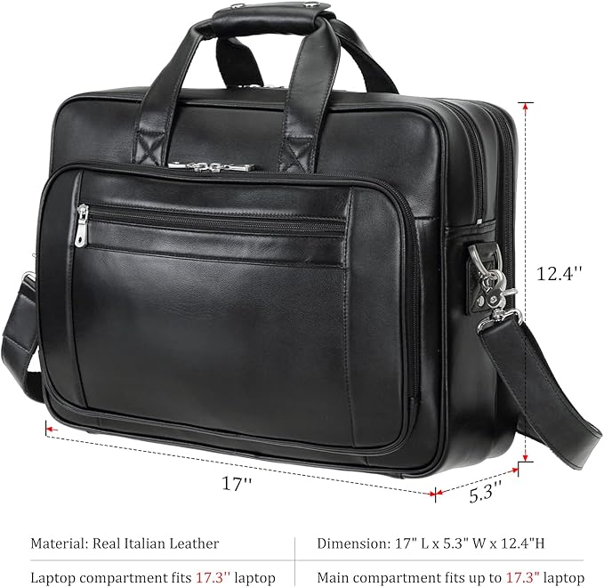 compalo Men's Solid Thick Full Grain Leather 17.3" Laptop Briefcase Classic Messenger Bag Fit Business Travel | Solid, Thick, Full Grain Leather, 17.3", Classic, Fit, Business Travel