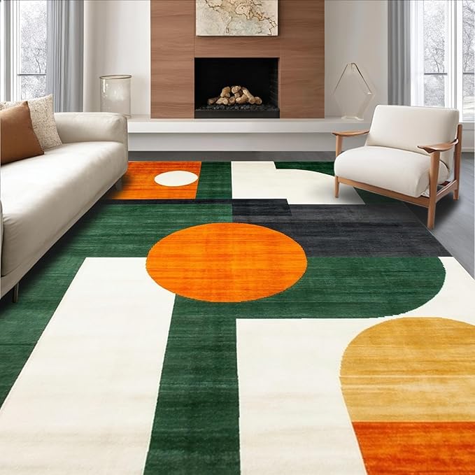 Flatwoven High Traffic Area Rug 4x6, Mid Century Modern Geometric Rug Retro Style, Non Slip, Stain Resistant, Washable Area Rugs for Living Room, Bedroom (Orange, 4x6)