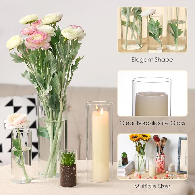 Fixwal 8pcs Clear Glass Cylinder Vases, 4, 6, 8, 10 Inch Tall Cylinder Vases for Centerpieces, Glass Flower Vase, Floating Candle Holder Vase for Table Shelf, Party, Wedding, Home Decor