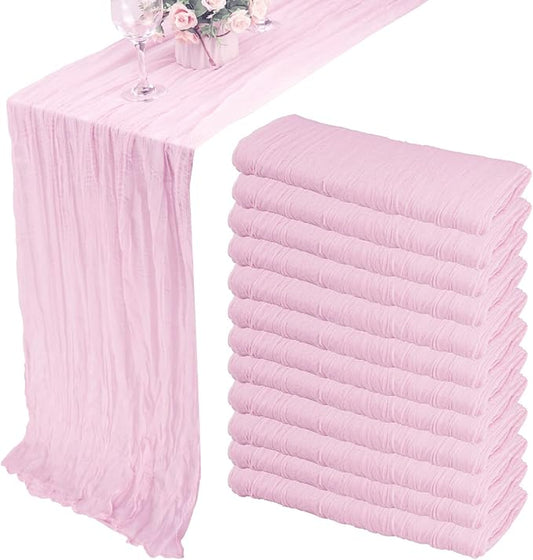 12 Pack 13Ft Cheesecloth Table Runner 35x157 Inch Boho Gauze Table Runner Cheese Cloth Long Rustic Table Runners for Wedding Bridal Shower Birthday Party Table Decor (Pink Purple)