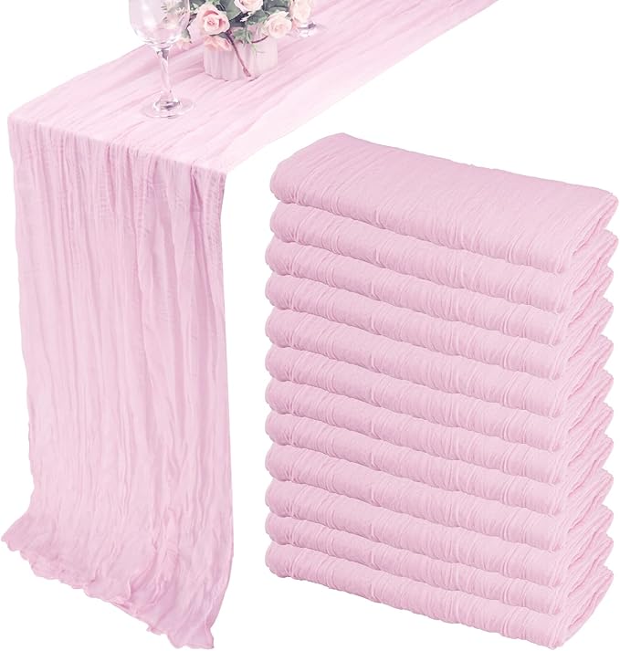 Fivenl 12 Pack Cheesecloth Table Runner 35x72 Inch Boho Gauze Rustic Cheese Cloth Long Romantic for Wedding Bridal Shower Birthday Party Decor (Pink Purple)