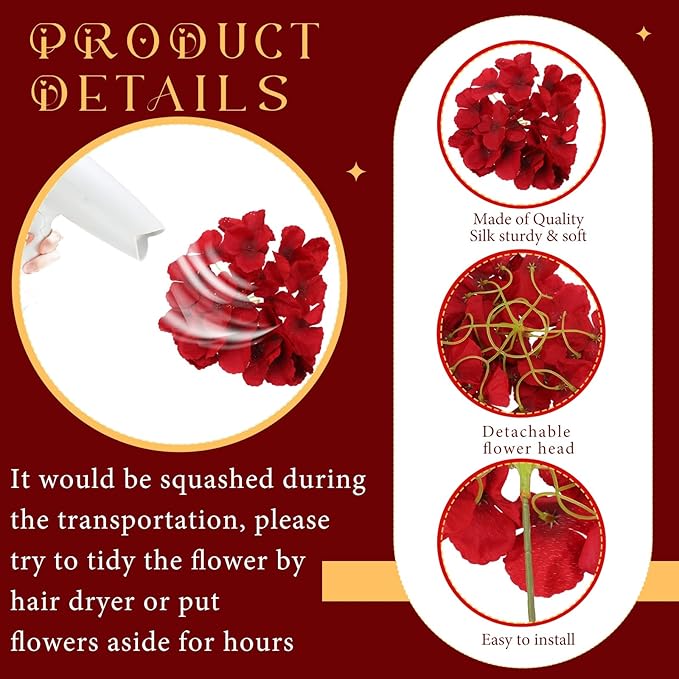 Unittype Silk Hydrangea Artificial Flowers Heads with Stems Faux Hydrangea Flowers for Wedding Centerpieces Bouquets DIY Floral Decorations for Home Indoor(Burgundy,200 Pieces)