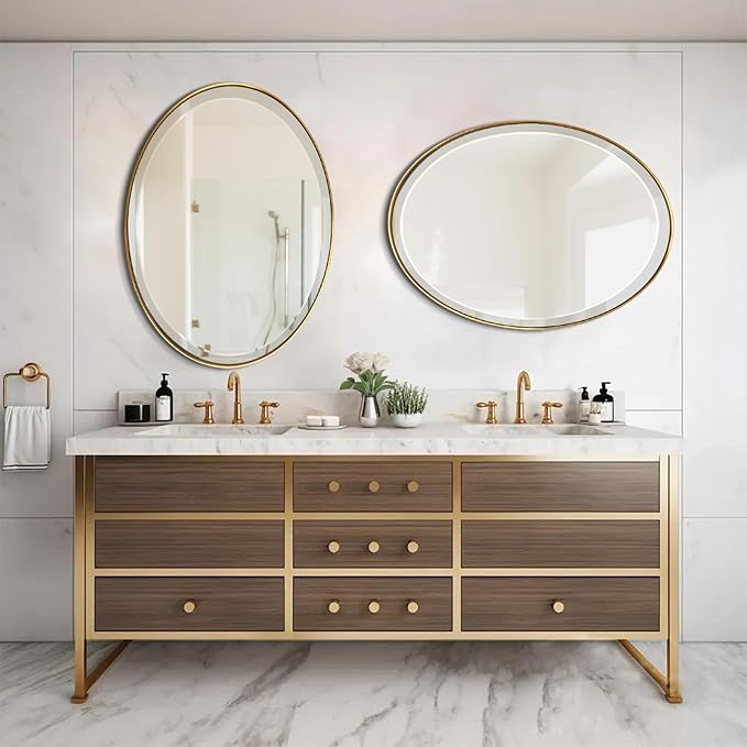 POZINO Brushed Gold Beveled Mirror, 24"x36" Brass Oval Mirrors, Bathroom Mirror for Over Sink, Modern Rounded Vanity Wall Mirrors in Premium Stainless Steel Frame, Hangs Horizontal Or Vertical
