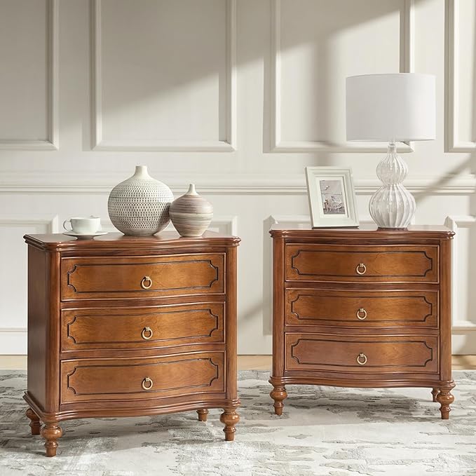 HULALA HOME Traditional Side Tables with 3 Drawers, Tall Side Table with Curved Front Profle Desgin, Charging Station, Solid Wood Legs, Set of 2, Walnut