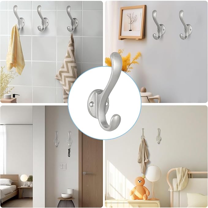 6 Pack Coat Hooks Wall Mount Heavy Duty Utility Retro Double Hooks for Hanging Coats,Hat, Towel, Key, Robe, Scarf, Bag, Cap (Silver)