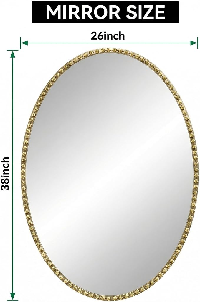 Gold Oval Bathroom Mirror, 26x38 Inch Floral Oval Mirrors for Wall, Antique Gold Metal Floral Frame Mirrors for Bedroom Living Room Hallway, Hangs Horizontally or Vertically